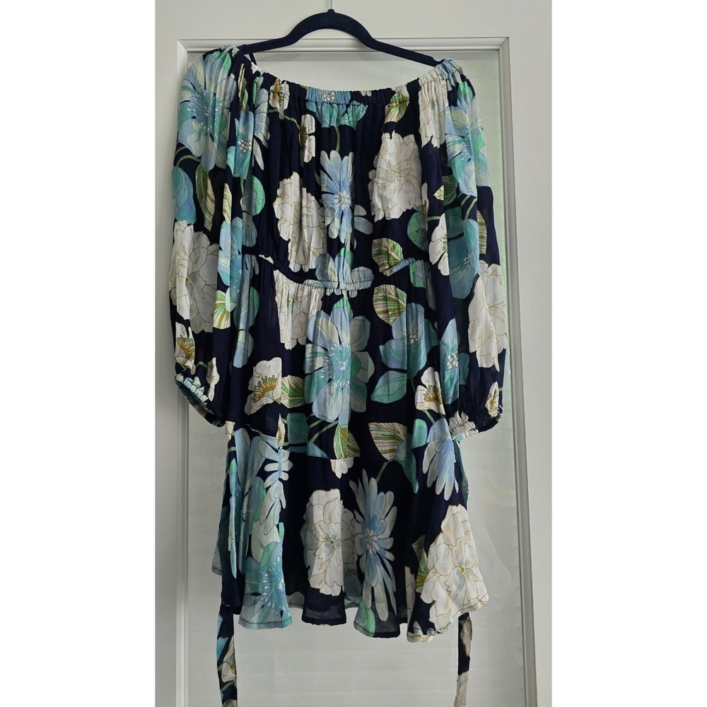 LOFT Floral Off the Shoulder Mini Dress Navy Blue Blue Long Sleeve Medium Petite